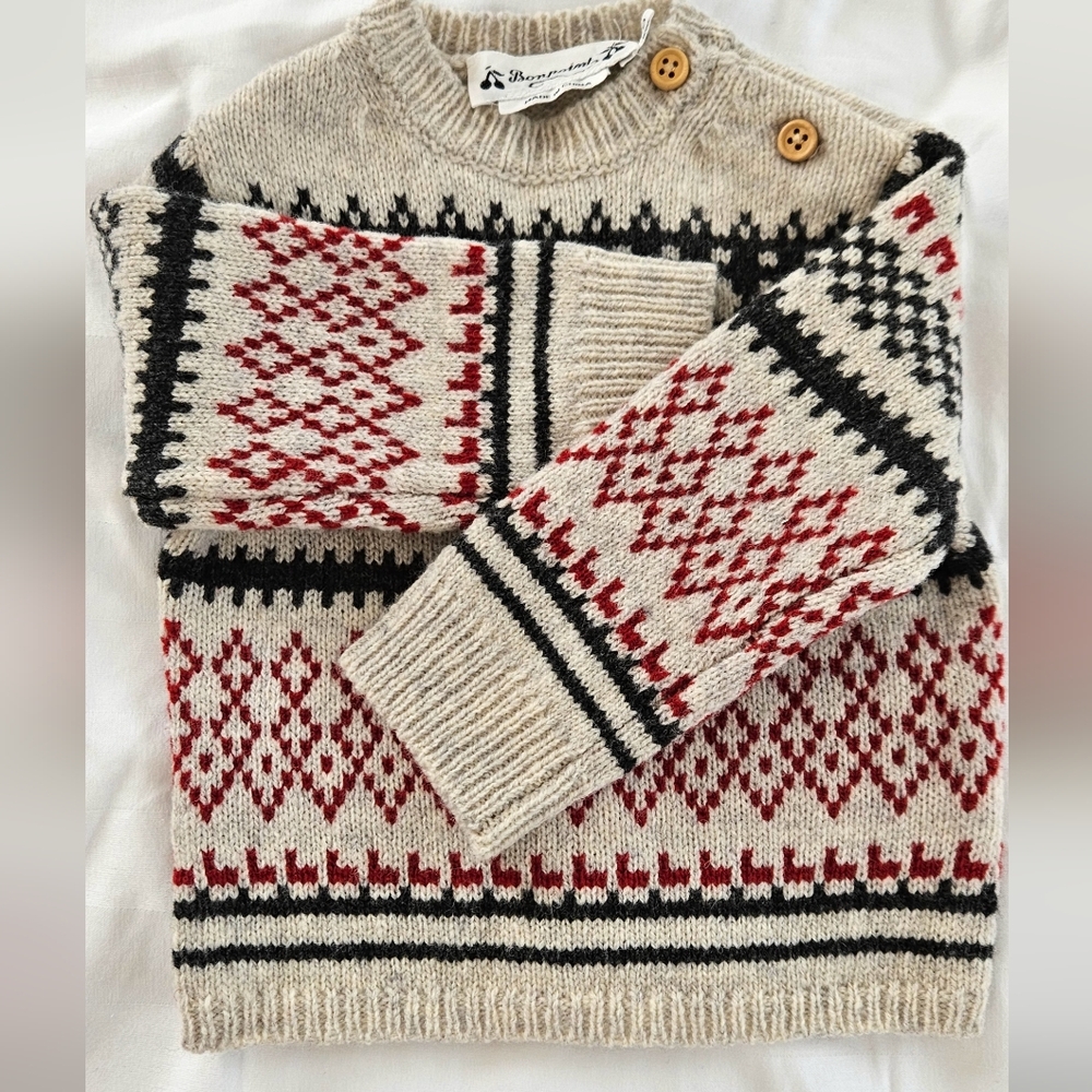 Bonpoint Cream and Red Patterned Kids One Piece
